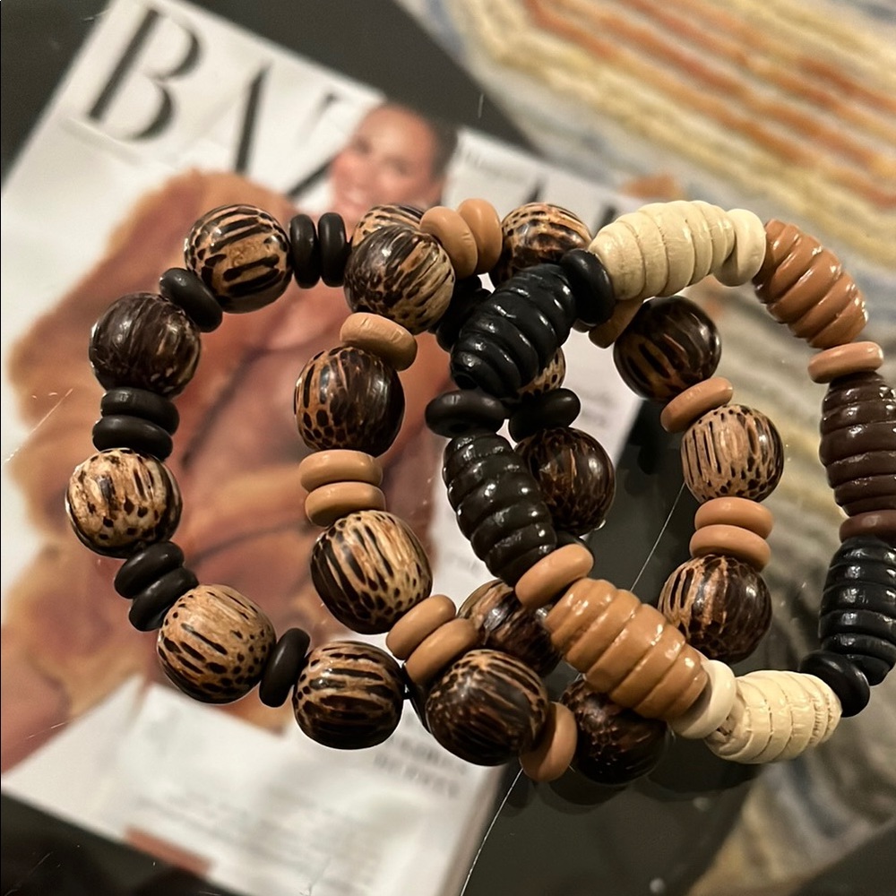 Beaded Bracelets Set of 3- Brown and Tan wood